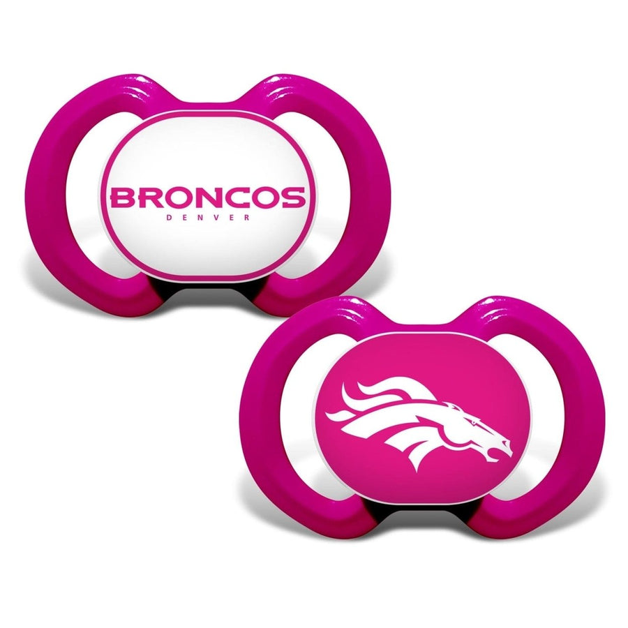 Denver Broncos Pink Pacifiers 2-Pack NFL Baby Soothers BPA-Free Ages 3+ Image 1