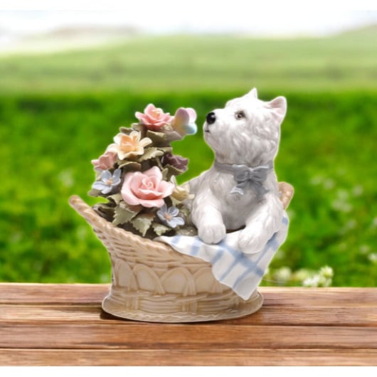 Ceramic West Terrier Dog Basket Music Box Playing "Youve Got A Friend" , Image 1