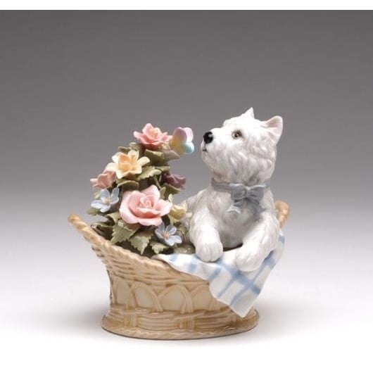 Ceramic West Terrier Dog Basket Music Box Playing "Youve Got A Friend" , Image 2