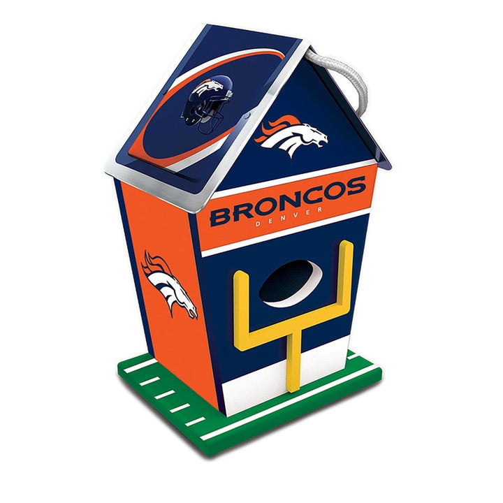 Denver Broncos Birdhouse Waterproof Wood with Rolled Tin Roof and Rope Image 1