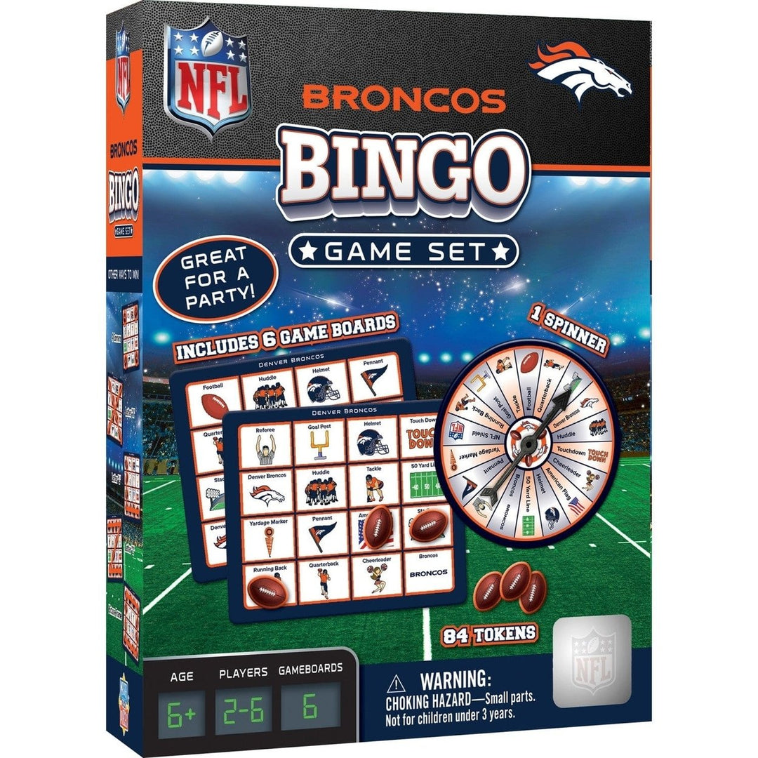 Denver Broncos Bingo Game NFL Family Fun Spinner 6 Boards 84 Tokens Ages 3+ Image 1