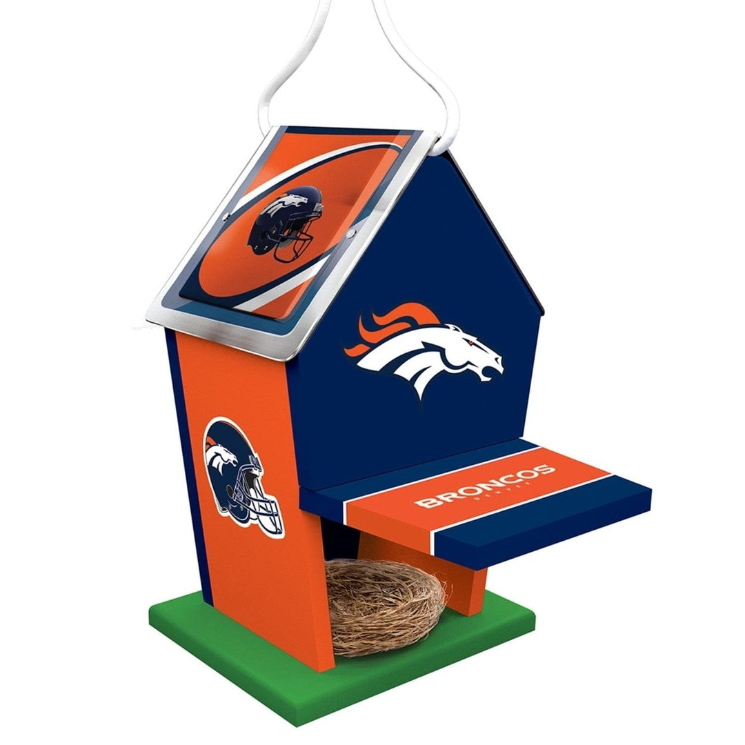 Denver Broncos Birdhouse Waterproof Wood with Rolled Tin Roof and Rope Image 2