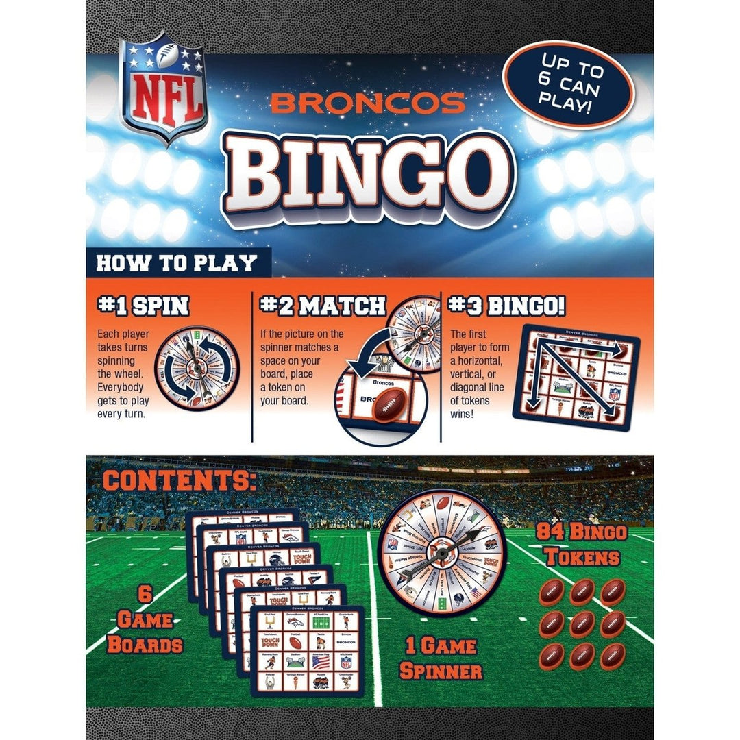 Denver Broncos Bingo Game NFL Family Fun Spinner 6 Boards 84 Tokens Ages 3+ Image 3