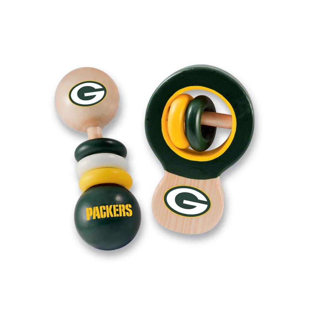 Green Bay Packers Baby Rattles 2-Pack Wooden Safe Non-Toxic Development Toys Image 1