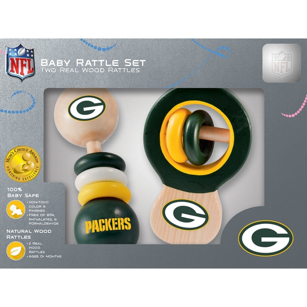 Green Bay Packers Baby Rattles 2-Pack Wooden Safe Non-Toxic Development Toys Image 2