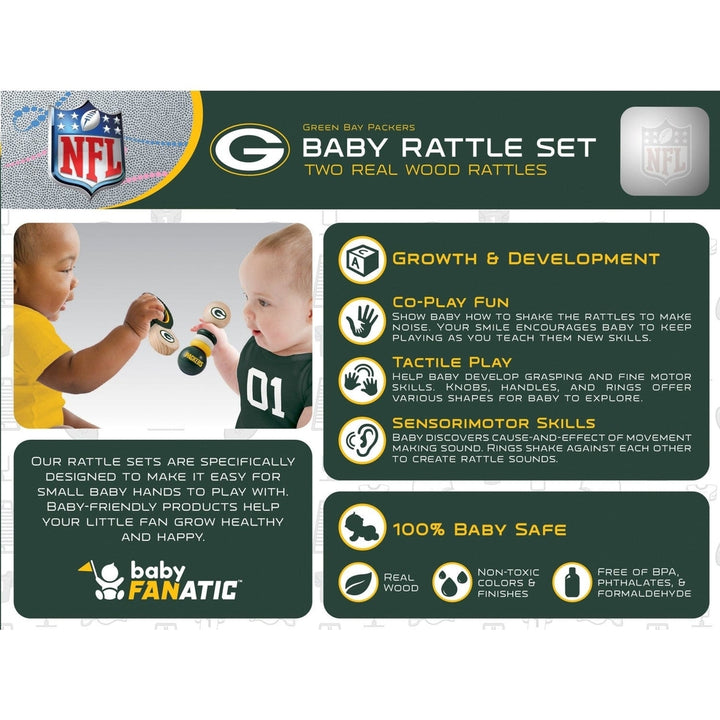 Green Bay Packers Baby Rattles 2-Pack Wooden Safe Non-Toxic Development Toys Image 3