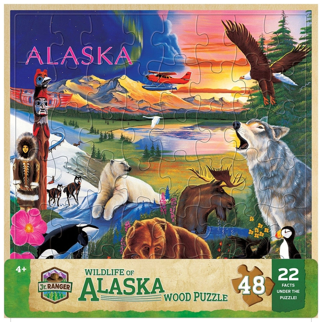 Jr. Ranger Alaska Wildlife 48pc Wood Jigsaw Puzzle with Fun Facts for Kids Image 1