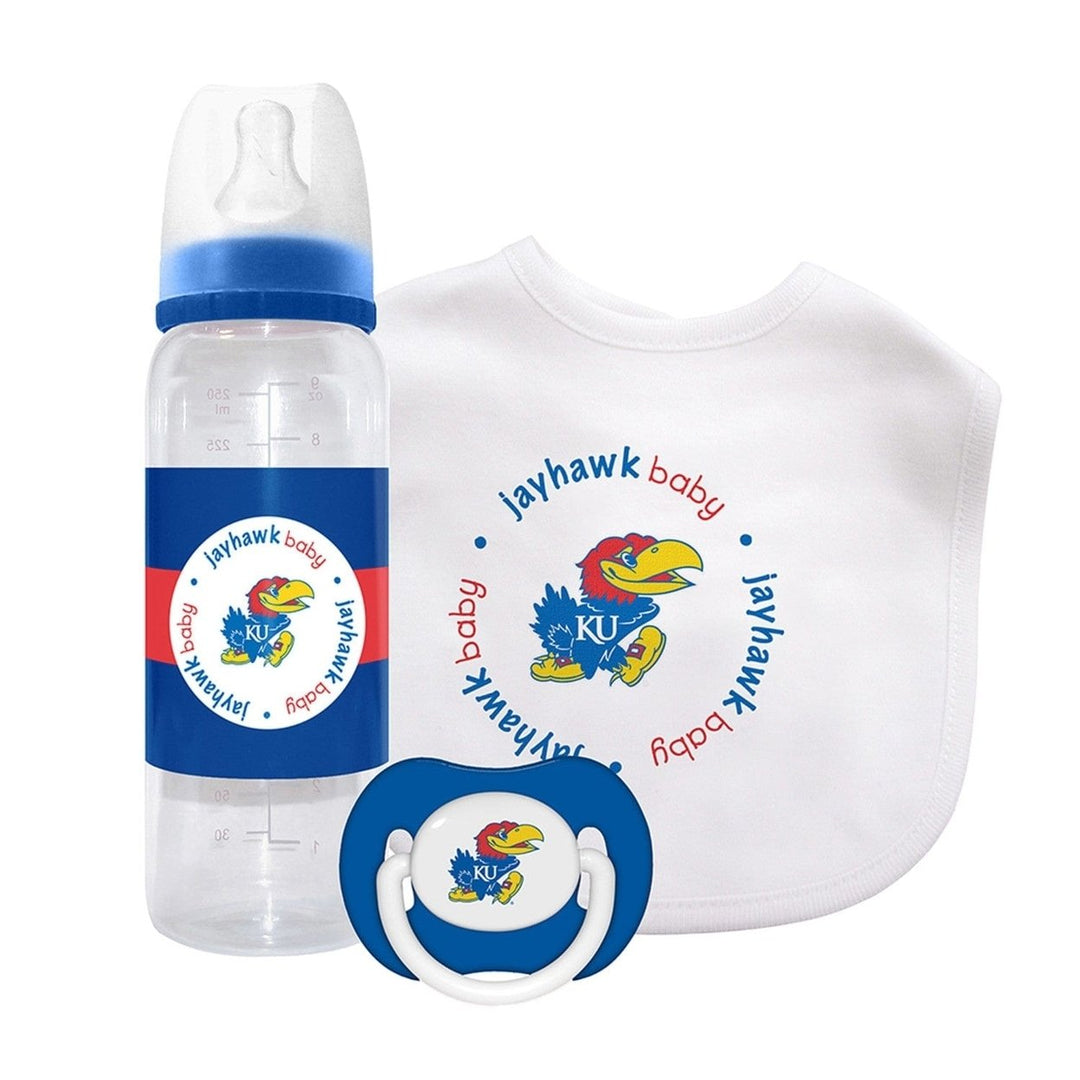 Kansas Jayhawks Baby Gift Set 3-Piece Unisex BPA-Free Bib Pacifier Bottle Image 1