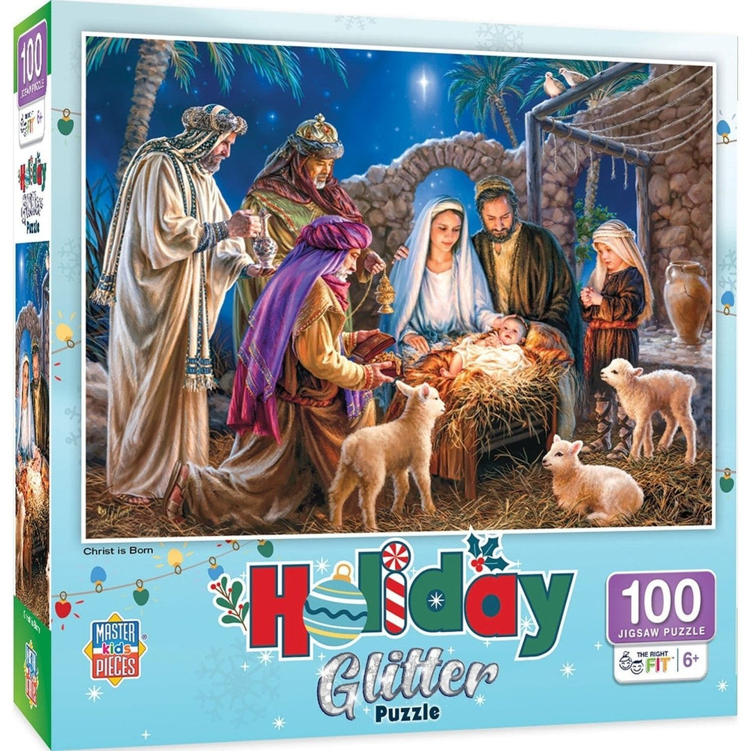 Holiday Glitter Christ is Born 100 Piece Christmas Nativity Jigsaw Puzzle Image 1