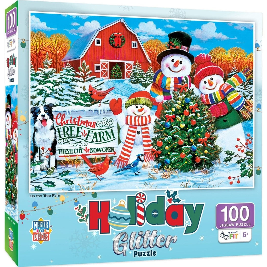 MasterPieces Holiday Glitter Jigsaw Puzzle 100 Pieces Snowmen Tree Farm 14x19 Image 1