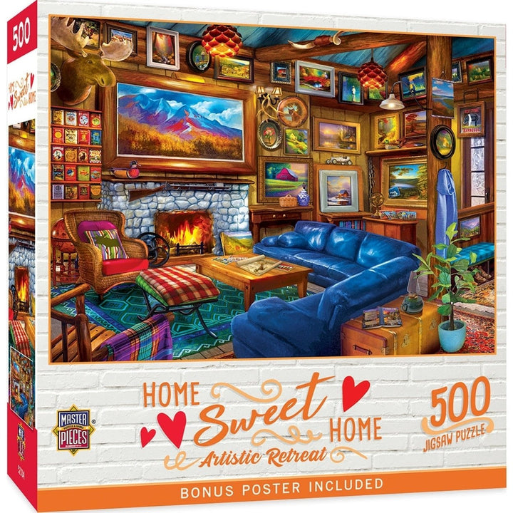 Artistic Retreat 500 Piece Jigsaw Puzzle Cozy Cabin Colorful Artwork Puzzle Image 1