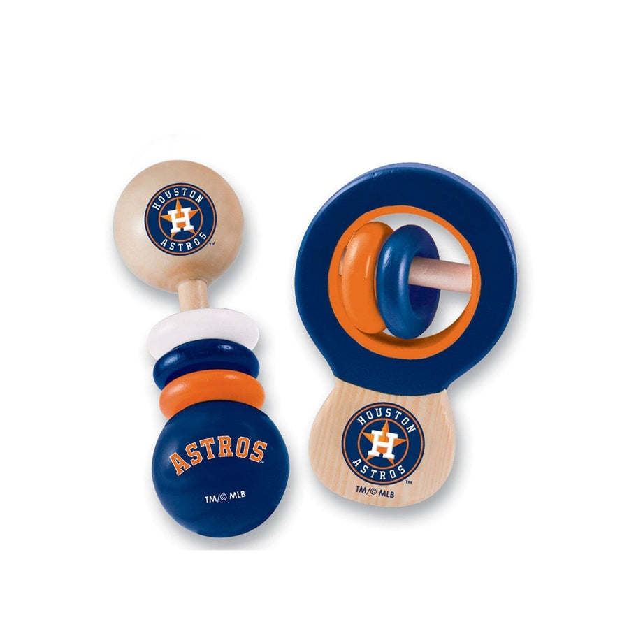 Houston Astros Baby Rattles 2-Pack Wooden Safe Toys Infant Development Fun Image 1