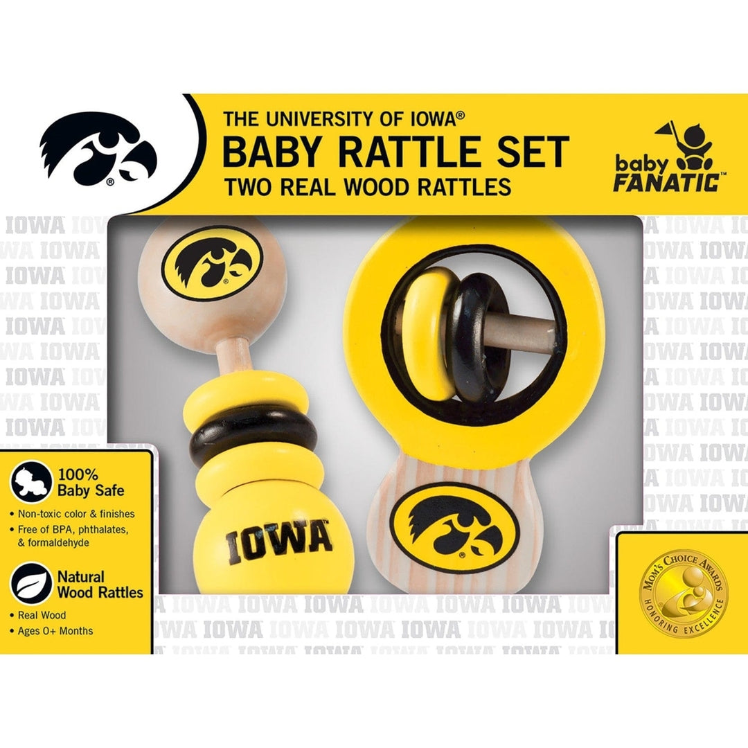 Iowa Hawkeyes Baby Rattles 2-Pack Non-Toxic Real Wood Infant Toys Image 2