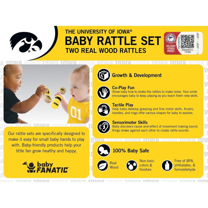 Iowa Hawkeyes Baby Rattles 2-Pack Non-Toxic Real Wood Infant Toys Image 3