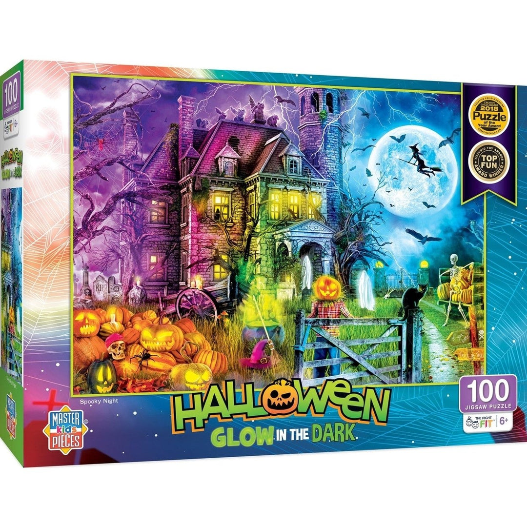 Halloween Glow in the Dark Jigsaw Puzzle 100 Piece Haunted Mansion Night Scene Image 1