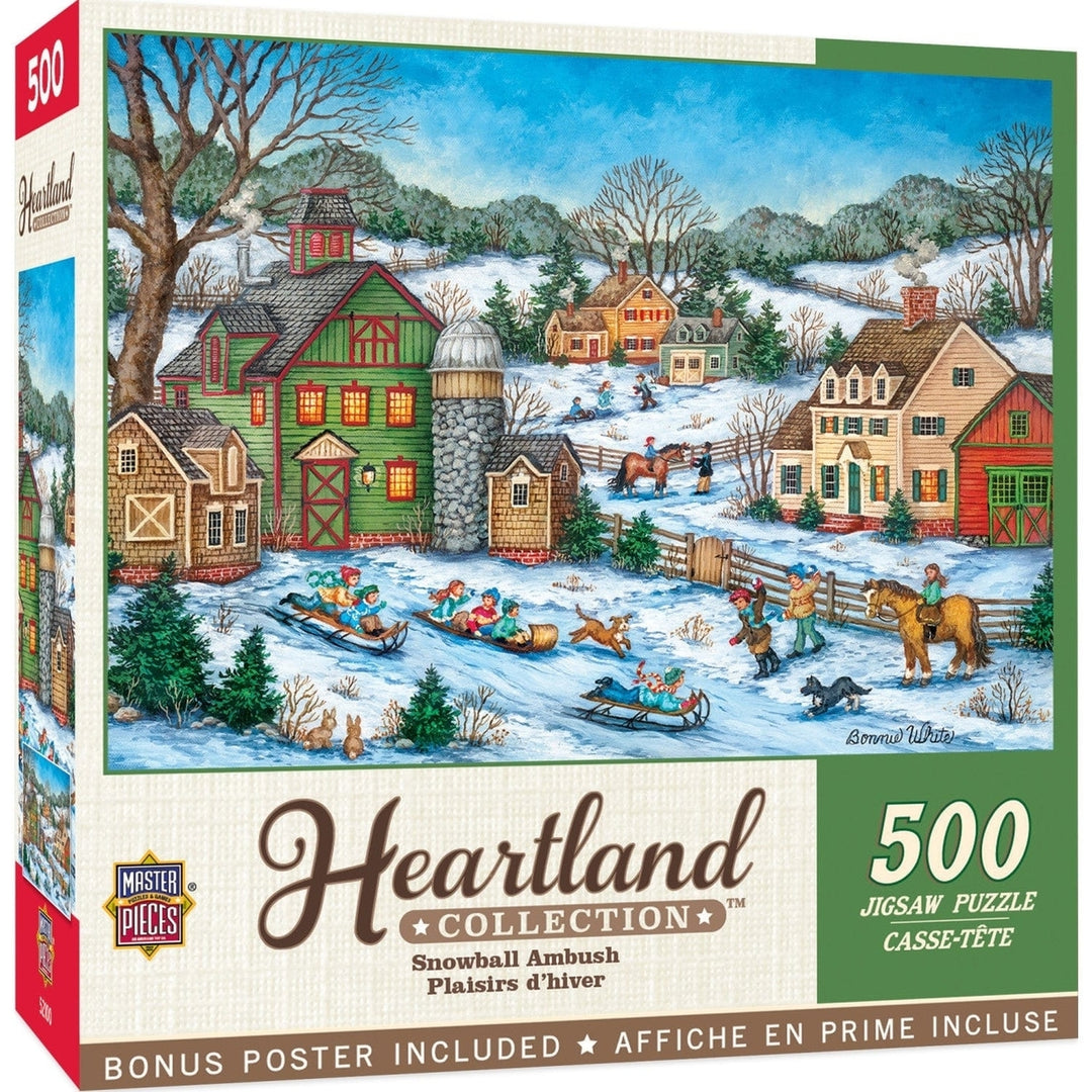 Heartland Snowball Ambush 500 Piece Jigsaw Puzzle Winter Scene Kids Sledding Image 1