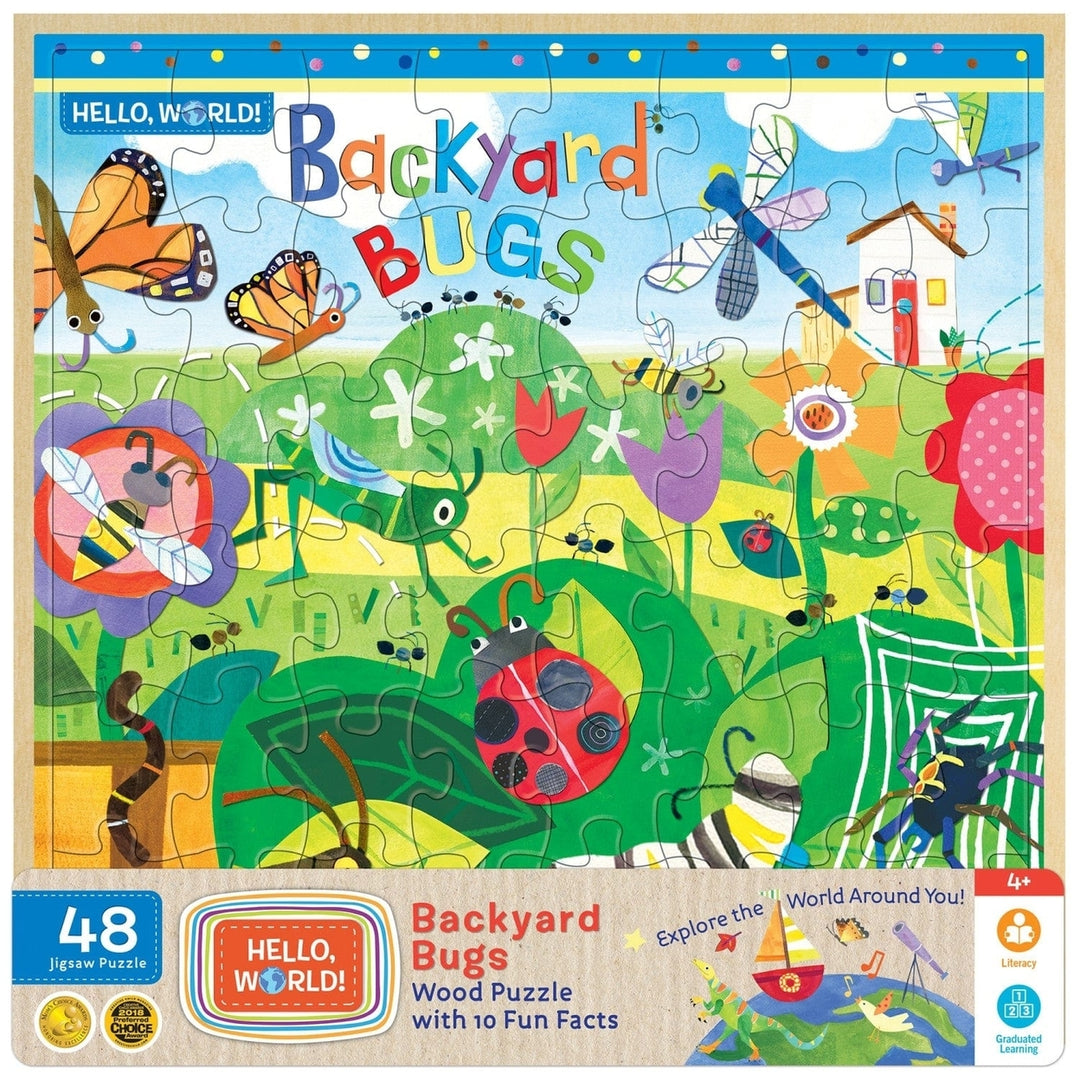 MasterPieces Hello World Backyard Bugs 48 Piece Wood Jigsaw Puzzle 11x11 Image 1