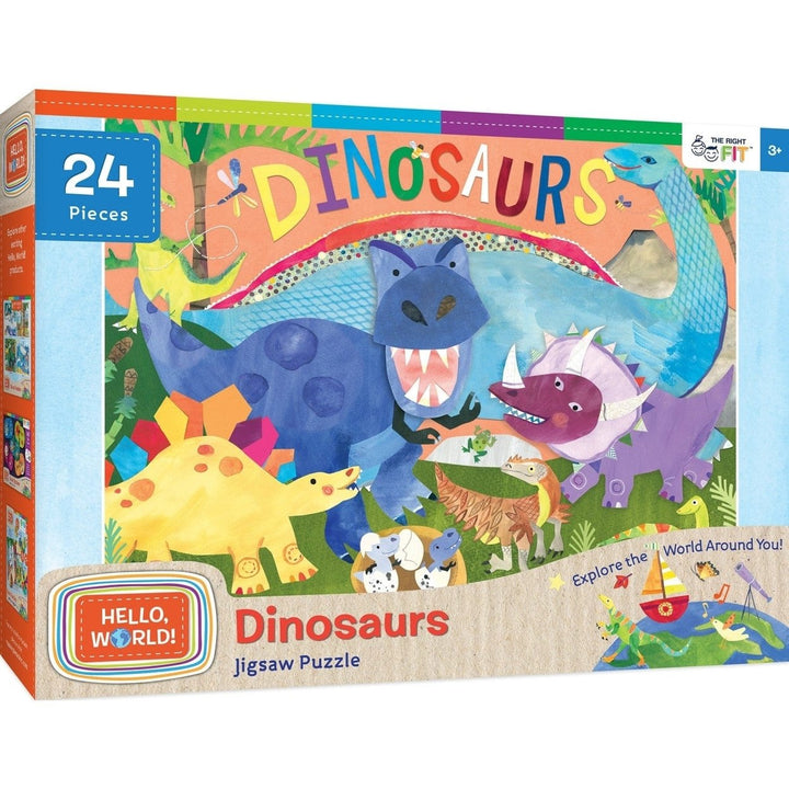 Hello World Dinosaurs 24 Piece Jigsaw Puzzle T-Rex Kids Ages 3+ 19x14 Inches Image 1