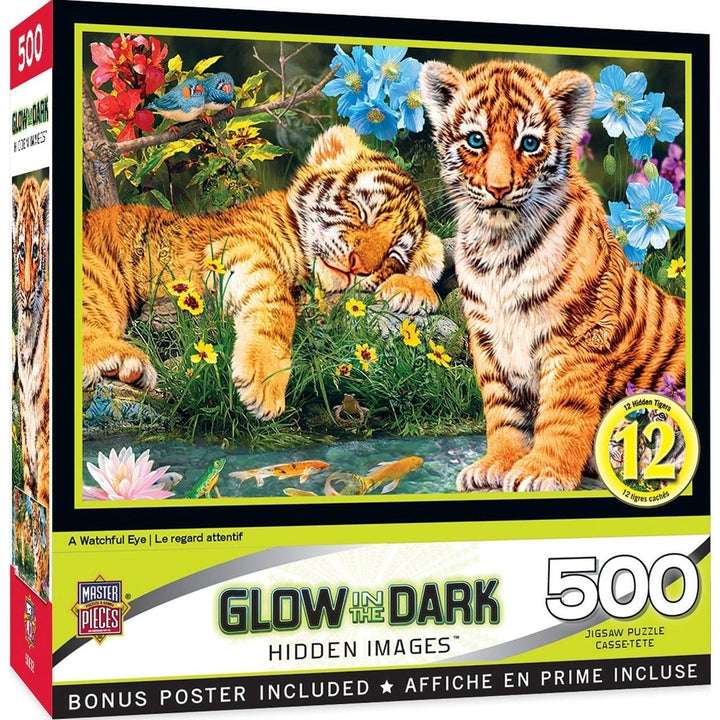 MasterPieces Hidden Images Puzzle 500 Piece Bengal Tigers Glow in the Dark Image 1