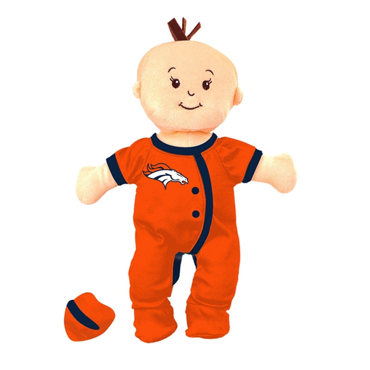 Denver Broncos Baby Fan Doll 12 Inch Soft Fabric Magnetic Pacifier Removable Outfit Image 1