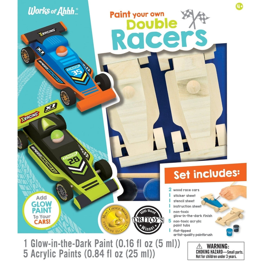 Double Racers Wood Craft Paint Kit Non-Toxic Glow-in-the-Dark 2 Wood Racers Image 1