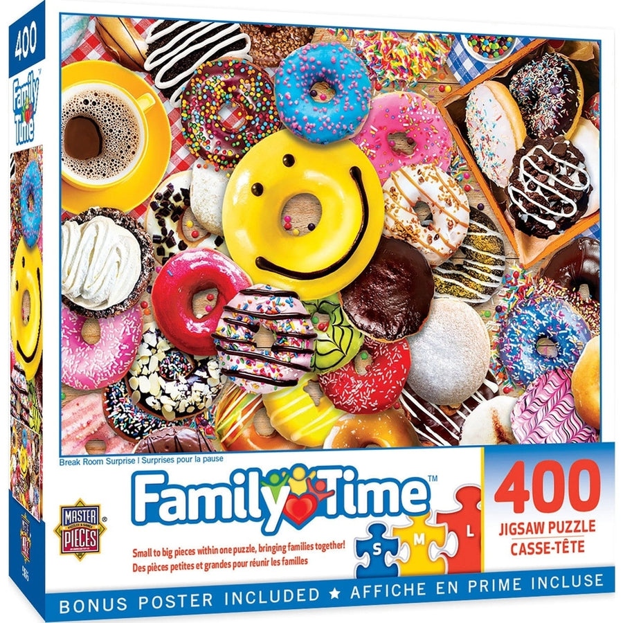 Family Time Break Room Surprise 400 Piece Jigsaw Puzzle Fun Donuts Theme Image 1