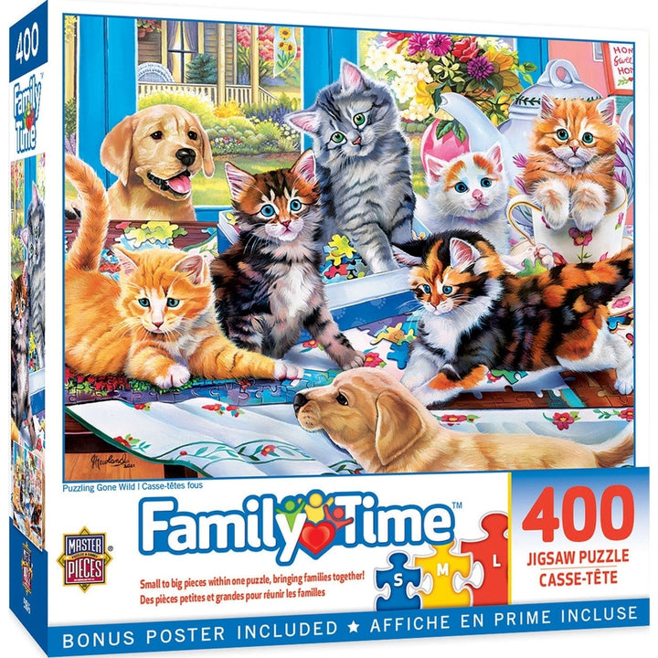 Family Time Puzzling Gone Wild 400 Piece Jigsaw Puzzle Kittens Puppies Fun Image 1