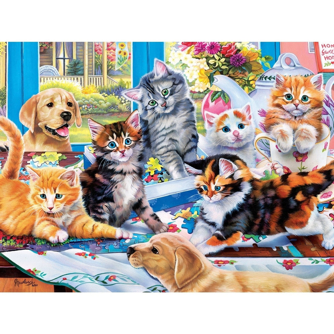 Family Time Puzzling Gone Wild 400 Piece Jigsaw Puzzle Kittens Puppies Fun Image 2