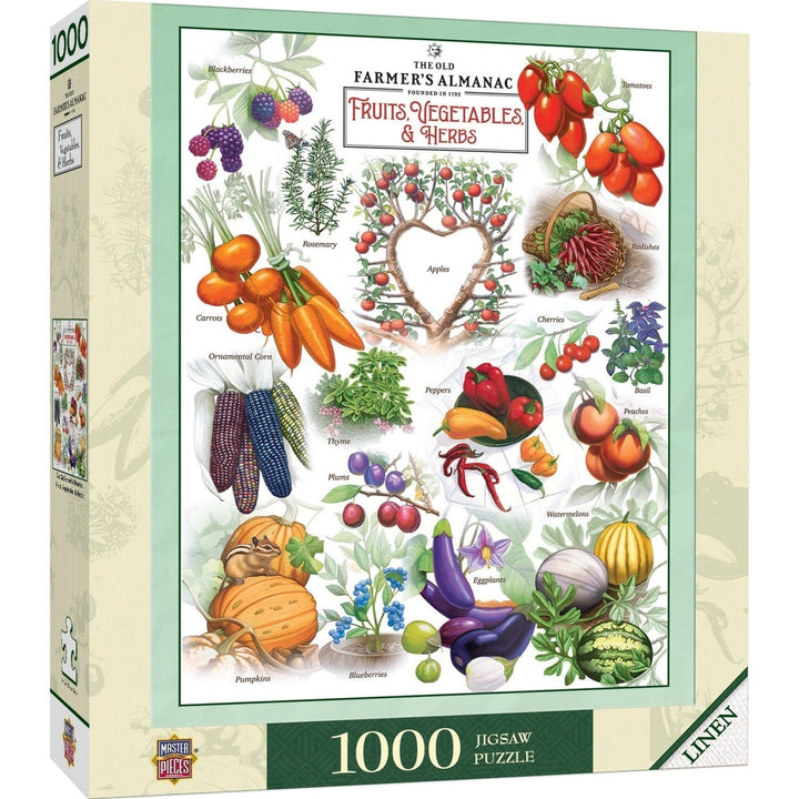 Farmers Almanac 1000 Piece Jigsaw Puzzle Fruits Vegetables Herbs Recycled Board Image 1