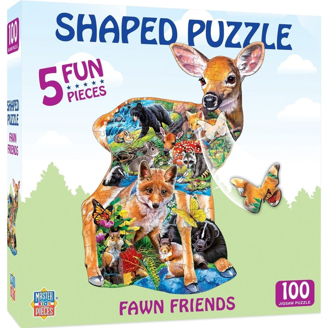 MasterPieces Fawn Friends 100 Piece Kids Shaped Jigsaw Puzzle Woodland Theme Image 1