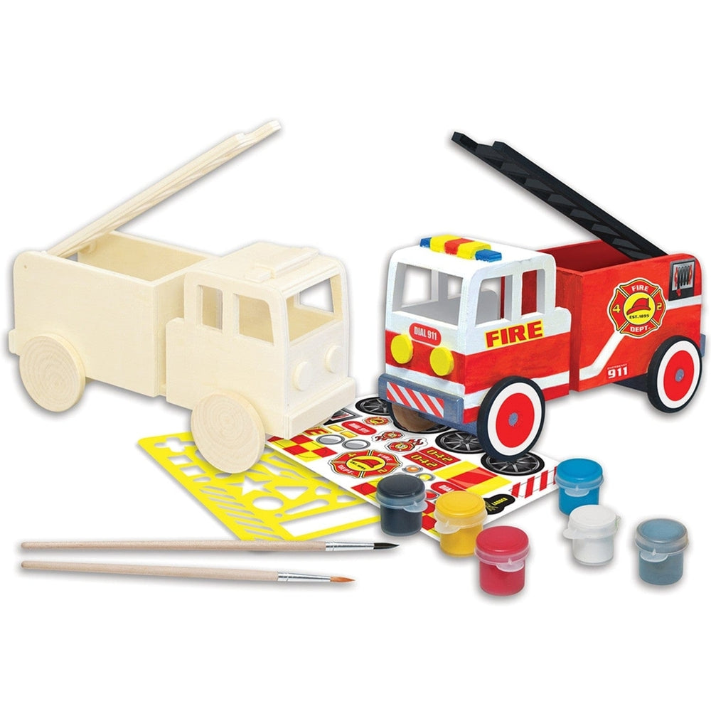 Fire Truck Wood Craft and Paint Kit Non-Toxic Acrylic Paints Stencils Brushes Image 2