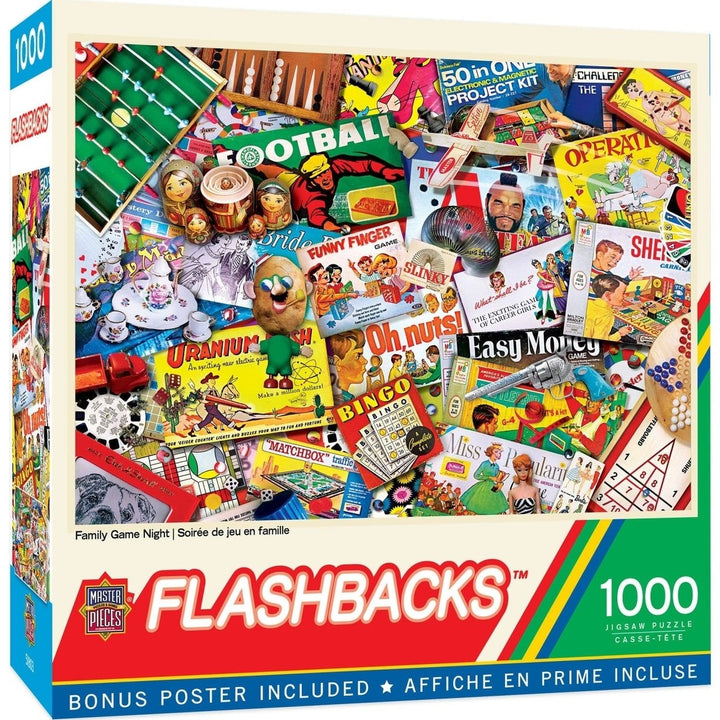 Masterpieces Flashbacks 1000 Piece Jigsaw Puzzle Family Game Night 19.25x26.75 Image 1