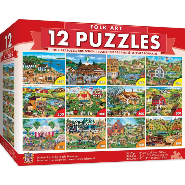 MasterPieces 12 Pack Folk Art Jigsaw Puzzle Bundle 100 300 500 Pieces Recycled Image 1