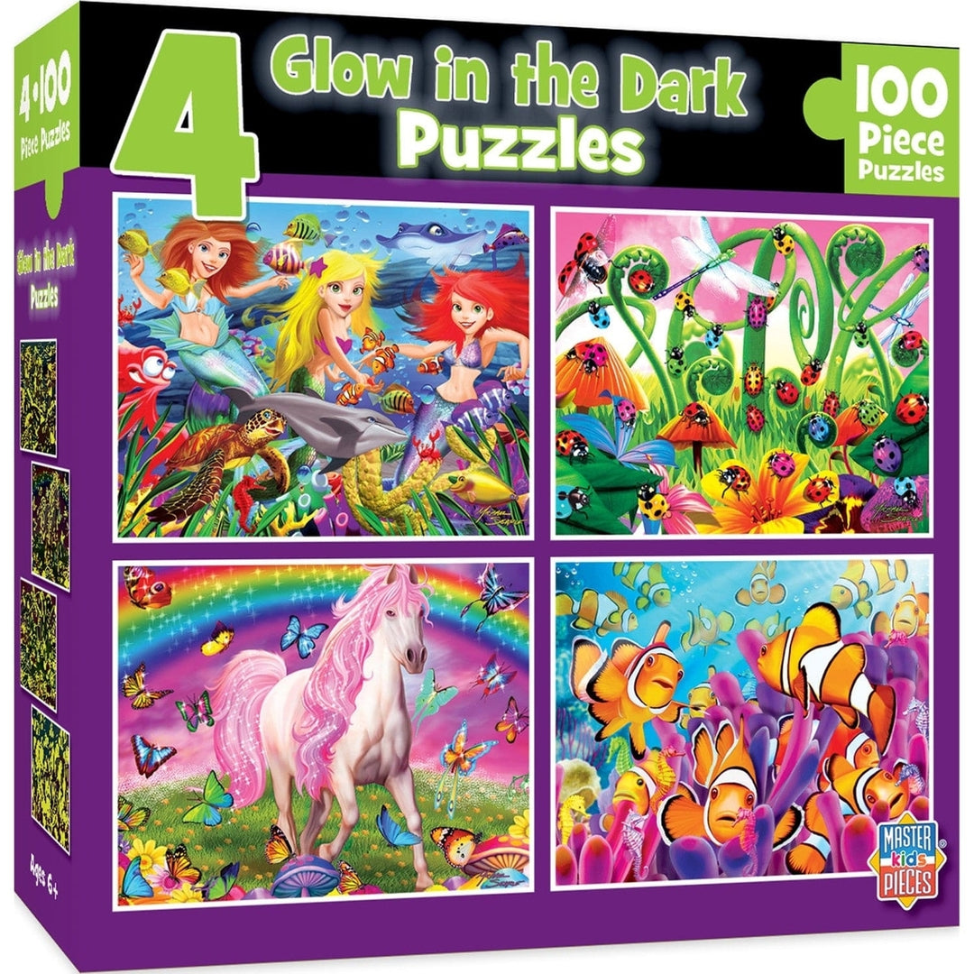 MasterPieces Glow in the Dark Puzzle Set 100 Piece 4-Pack Kids Educational Fun Image 1