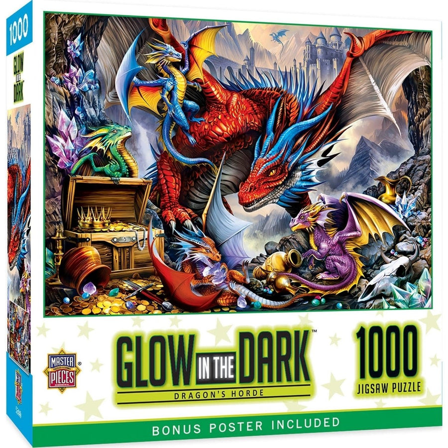 Glow in the Dark 1000 Piece Dragons Horde Jigsaw Puzzle Family Game Night Image 1