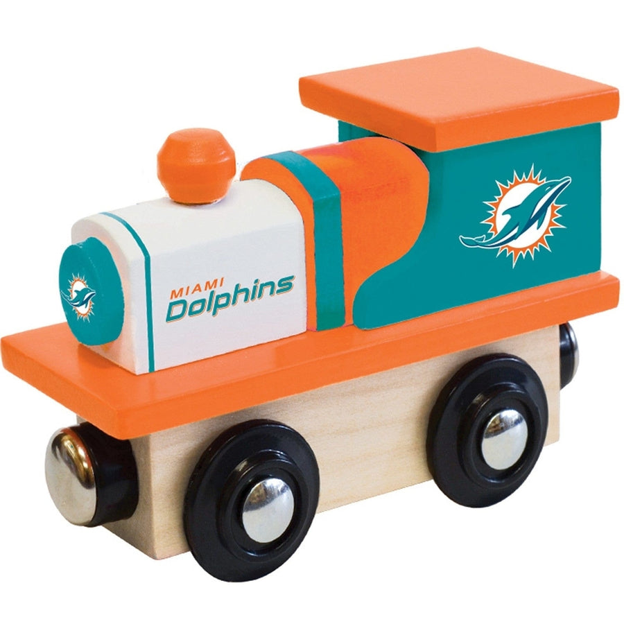 Miami Dolphins Wooden Toy Train Engine NFL Team Colors Compatible Tracks Image 1