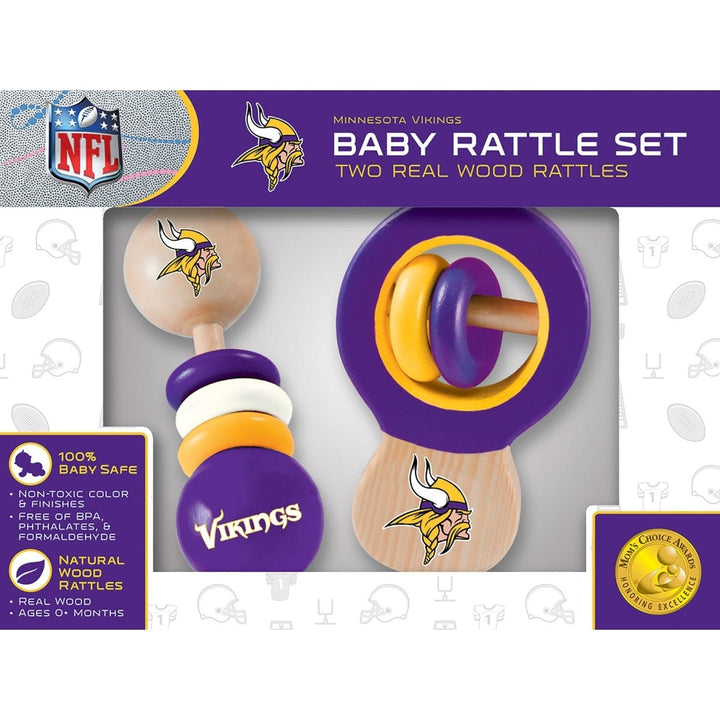 Minnesota Vikings Baby Rattles 2-Pack Wooden Infant Toys BPA Free Safe Image 2