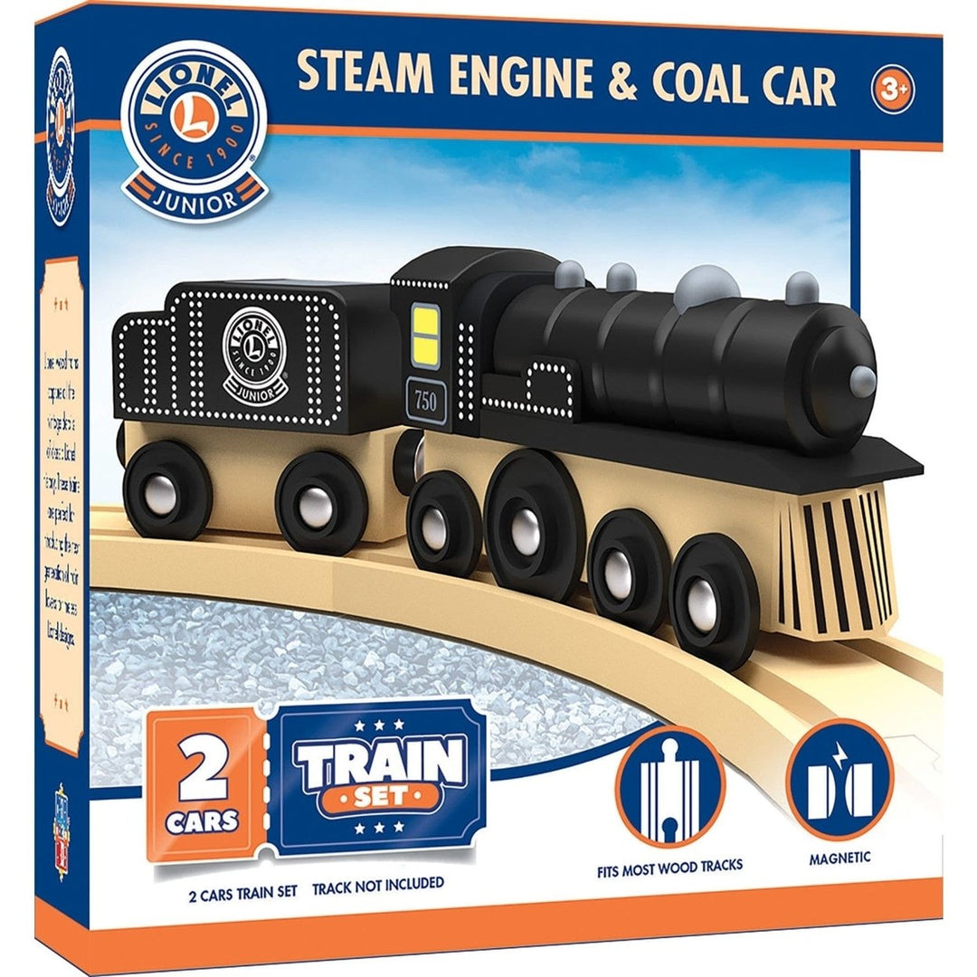 Lionel Wooden Steam Engine and Coal Car Toy Train Set Compatible with 1" Tracks Image 1