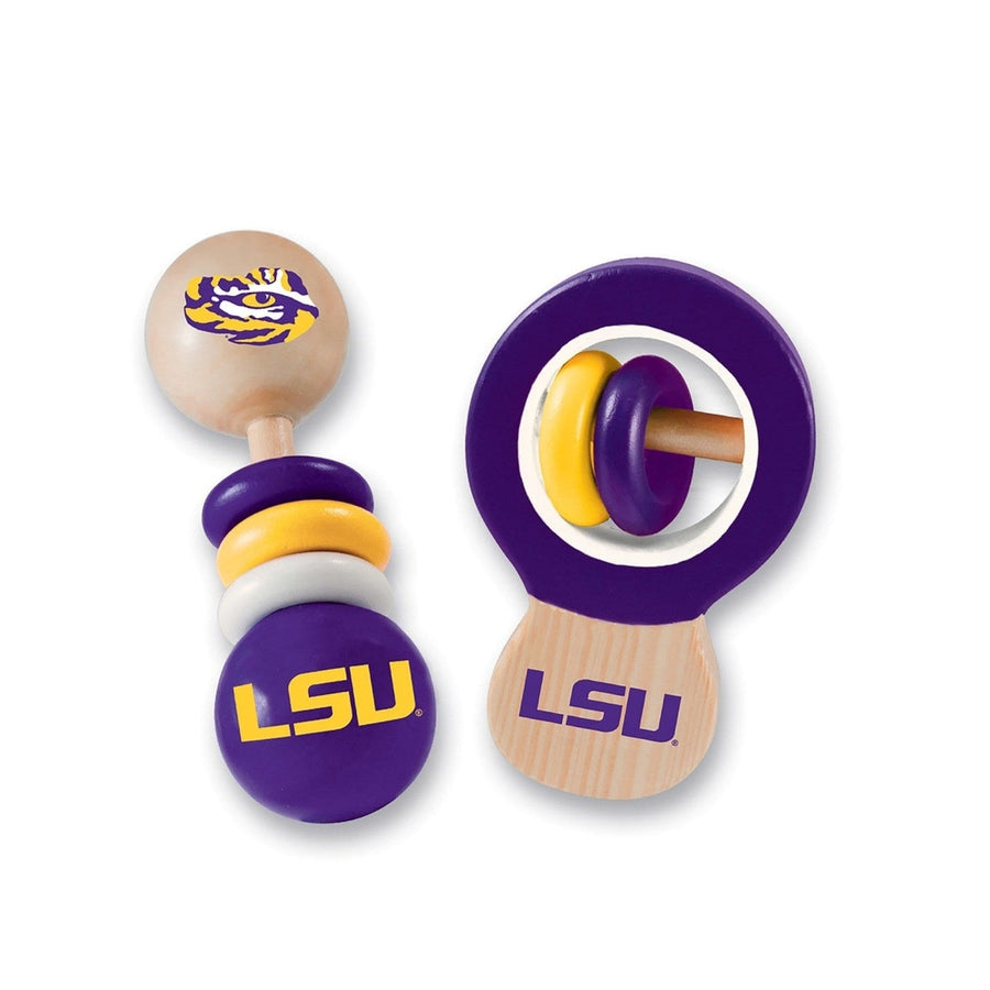 LSU Tigers Baby Rattles 2-Pack Wooden Non-Toxic Infant Growth Toy Image 1