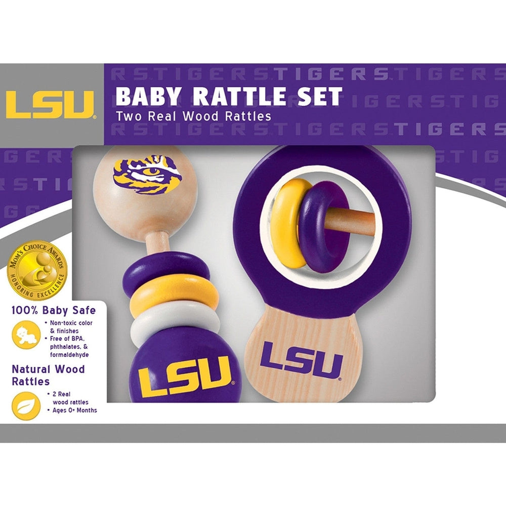 LSU Tigers Baby Rattles 2-Pack Wooden Non-Toxic Infant Growth Toy Image 2