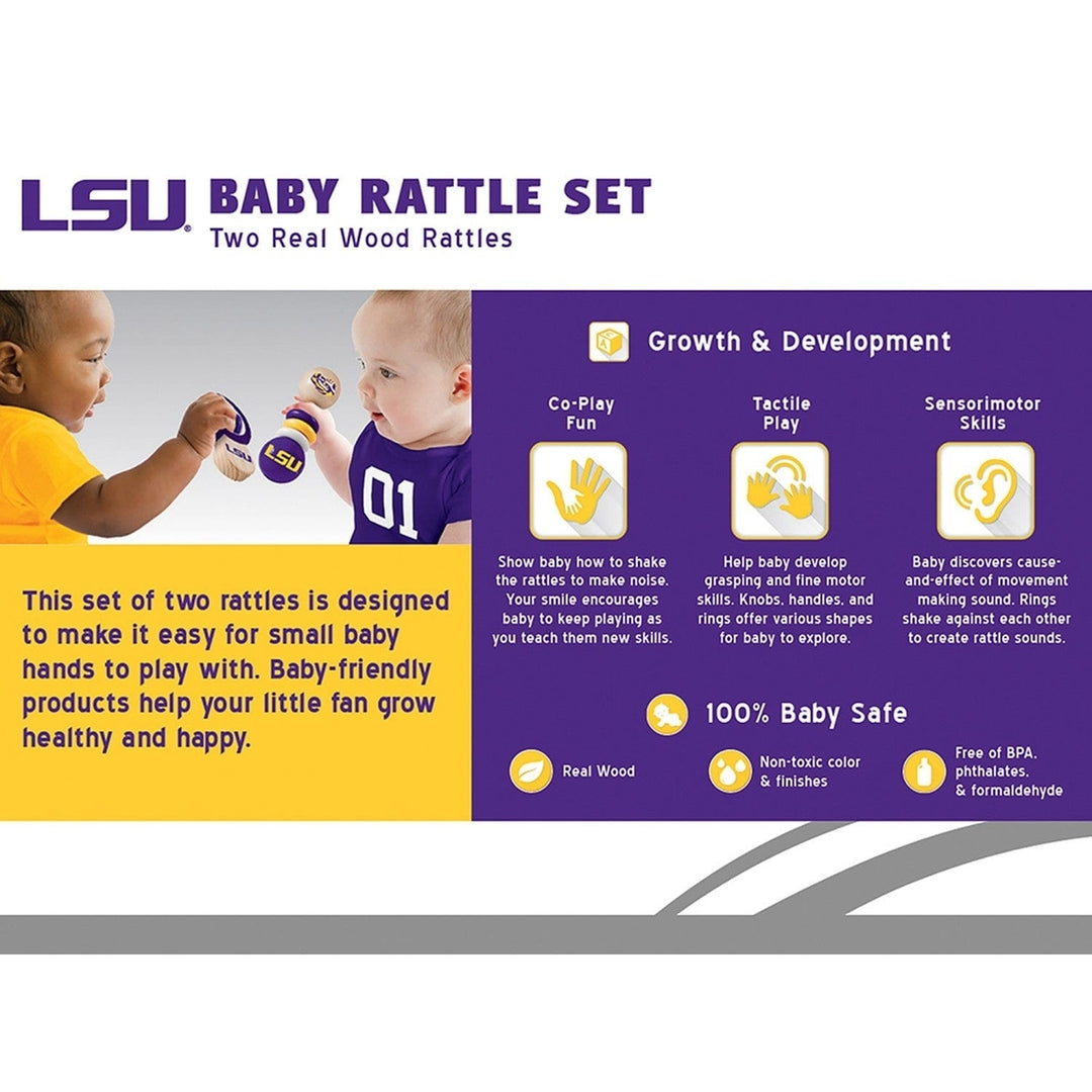 LSU Tigers Baby Rattles 2-Pack Wooden Non-Toxic Infant Growth Toy Image 3