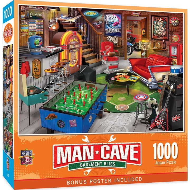 Man Cave Basement Bliss 1000 Piece Jigsaw Puzzle Detailed Recreational Art Image 1