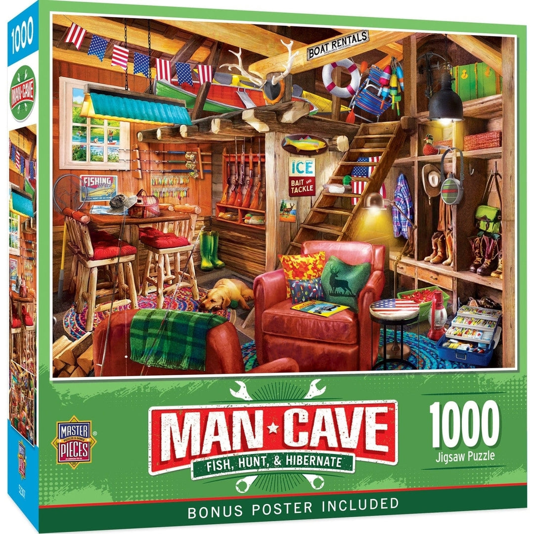 Man Cave Jigsaw Puzzle 1000 Pieces Fishing Hunting Theme Relaxation Decor Image 1