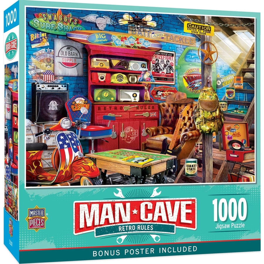 Man Cave Retro 1000 Piece Jigsaw Puzzle Vintage Music Games Travel Collectibles Image 1