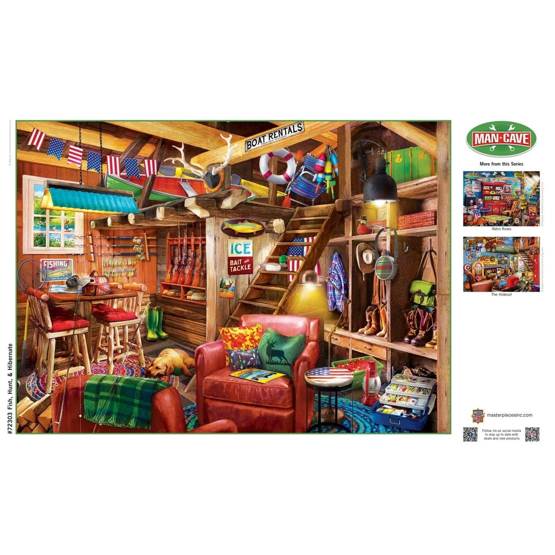 Man Cave Jigsaw Puzzle 1000 Pieces Fishing Hunting Theme Relaxation Decor Image 4