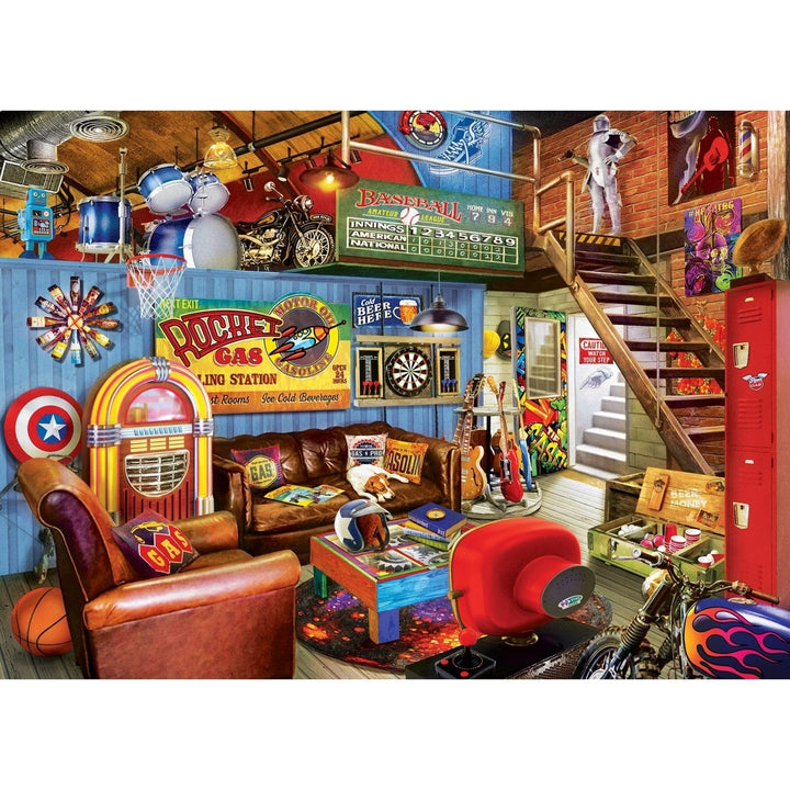 Man Cave Hideout 1000 Piece Jigsaw Puzzle Vintage Jukebox Games Collectors Item Image 2