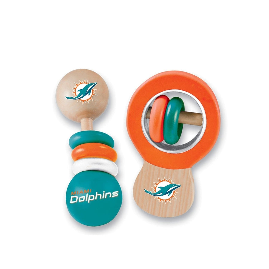 Miami Dolphins Baby Rattles 2-Pack Wooden Non-Toxic Infant Development Toys Image 1