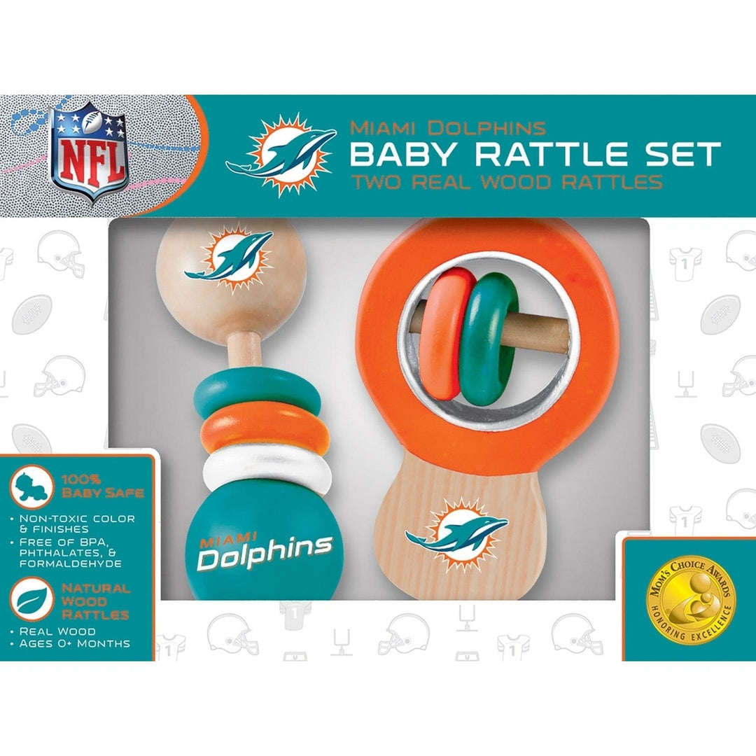 Miami Dolphins Baby Rattles 2-Pack Wooden Non-Toxic Infant Development Toys Image 2