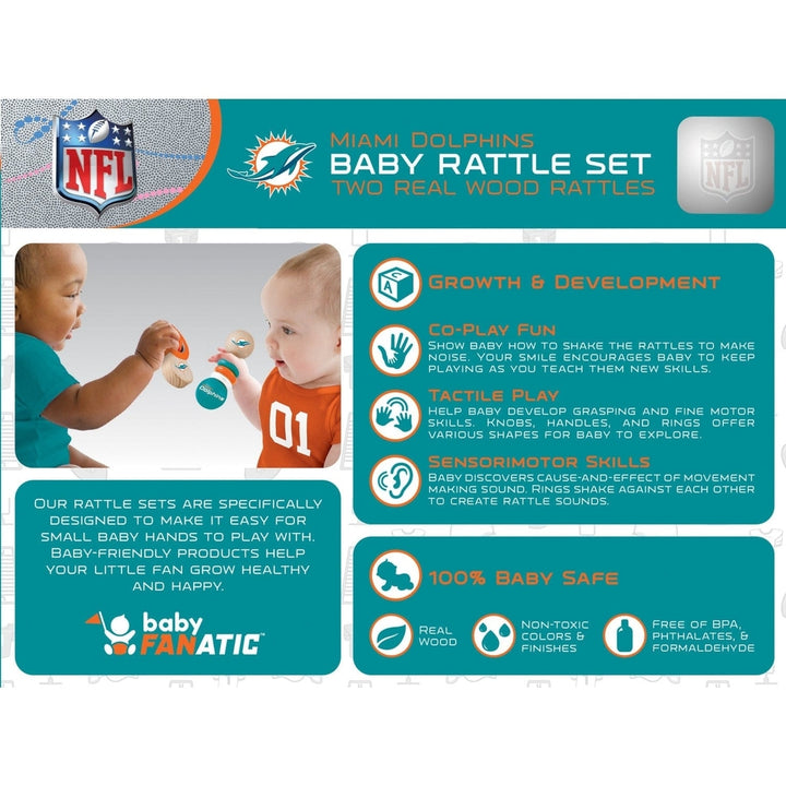 Miami Dolphins Baby Rattles 2-Pack Wooden Non-Toxic Infant Development Toys Image 3