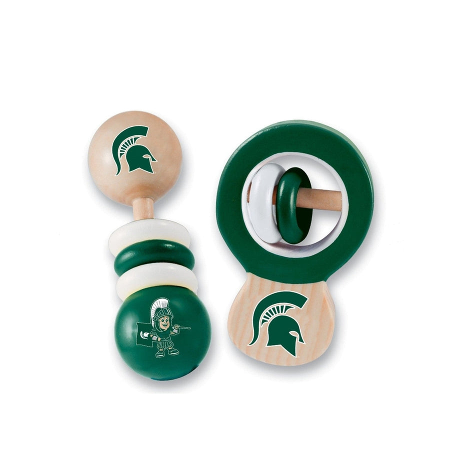 Michigan State Spartans Baby Rattles 2-Pack Safe Wood Toys for Infant Development Image 1